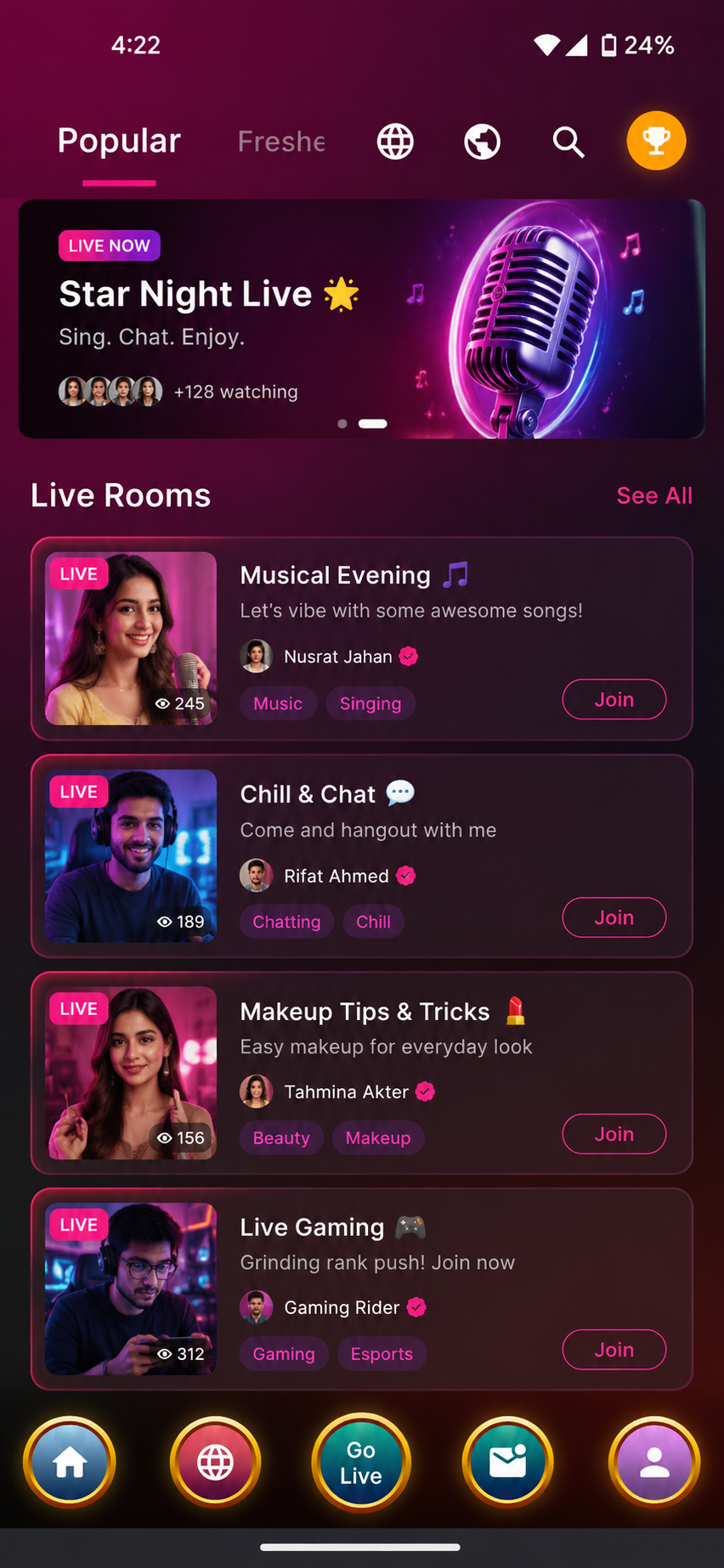 Home Feed & Live Rooms